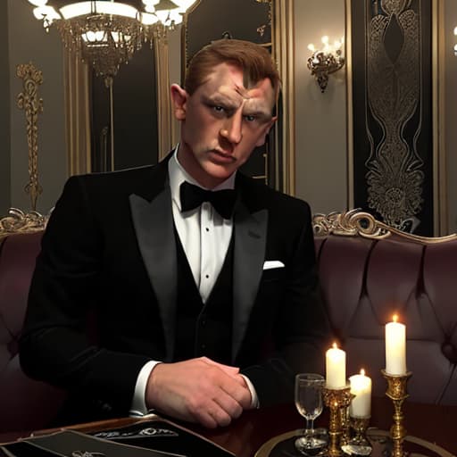  Attractive looking James Bond lookalike in black tuxedo is sitting on couch,drinking in chic guest room in Jugendstil design,shadowy inside only lit by candles on the tables and chandeliers above