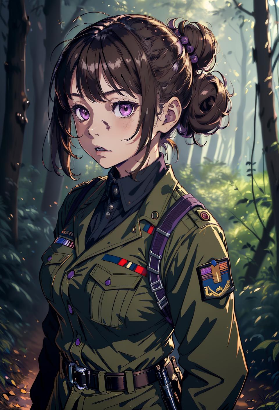  ((trending, highres, masterpiece, cinematic shot)), 1girl, chibi, female military uniform, forest scene, short messy light brown hair, hair in a bun,  purple eyes, psychopath, crazy personality, bored expression, dark skin, lively, observant