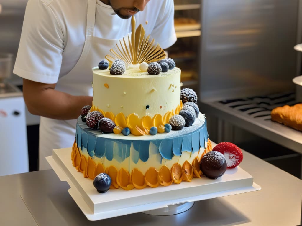  A photorealistic image of a talented baker meticulously decorating a multitiered cake with intricate designs, surrounded by a variety of colorful frosting bags, edible decorations, and pastry tools. The baker is focused and in the zone, showcasing precision and skill in their craft. Sunlight streams in through a nearby window, highlighting the details of the cake and creating a warm, inviting atmosphere in the kitchen. The image conveys a sense of artistry, dedication, and expertise in the world of pastry competitions. hyperrealistic, full body, detailed clothing, highly detailed, cinematic lighting, stunningly beautiful, intricate, sharp focus, f/1. 8, 85mm, (centered image composition), (professionally color graded), ((bright soft diffused light)), volumetric fog, trending on instagram, trending on tumblr, HDR 4K, 8K