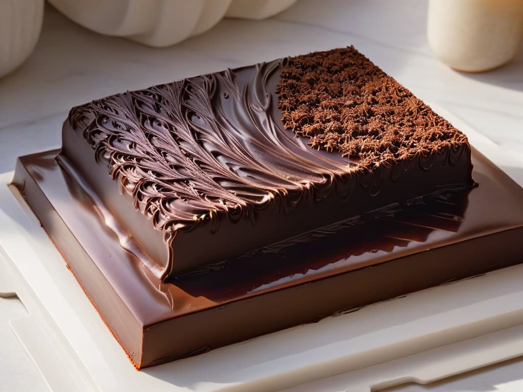  A closeup, ultradetailed image of a glossy, perfectly tempered chocolate bar resting on a marble slab, showcasing intricate swirling patterns and a flawless, mirrorlike finish. The lighting is soft, emphasizing the rich, deep brown color of the chocolate, with subtle reflections capturing the essence of professional craftsmanship and precision in chocolate making. hyperrealistic, full body, detailed clothing, highly detailed, cinematic lighting, stunningly beautiful, intricate, sharp focus, f/1. 8, 85mm, (centered image composition), (professionally color graded), ((bright soft diffused light)), volumetric fog, trending on instagram, trending on tumblr, HDR 4K, 8K