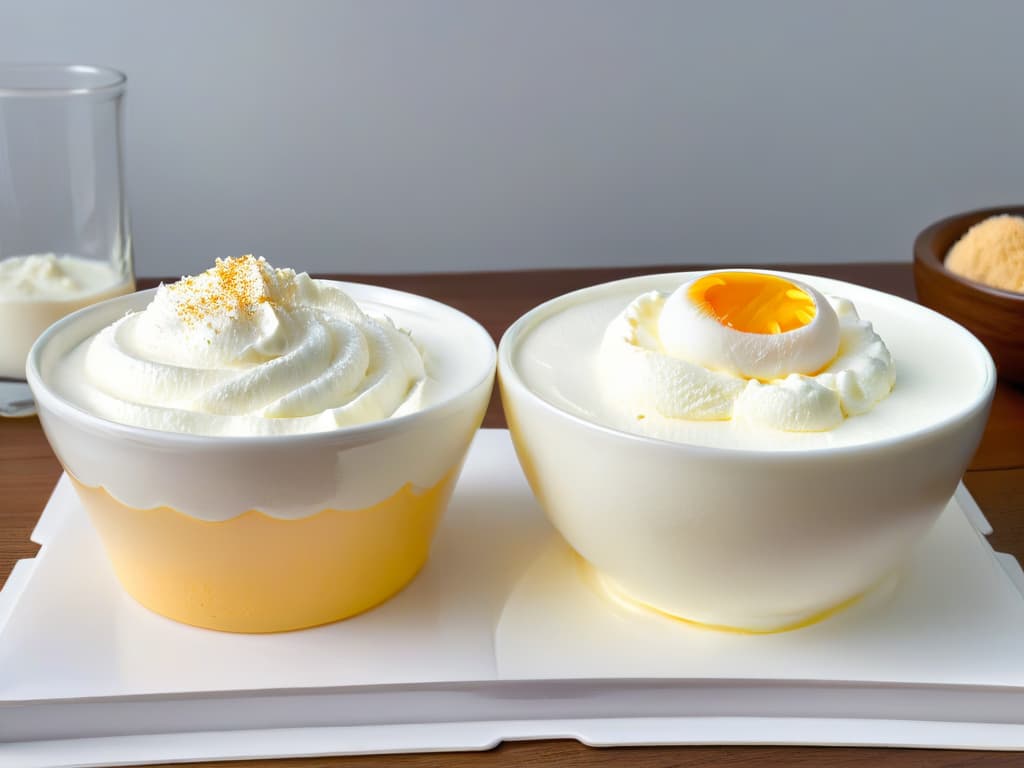  An ultradetailed, minimalistic image showcasing a splitscreen comparison between a bowl of fluffy egg whites on one side and a bowl of whipped aquafaba on the other. The egg whites are glossy and stiff, while the aquafaba is equally fluffy and white, creating a visually striking contrast. The lighting is soft, emphasizing the textures and peaks of both substances, with a clean, simple background to enhance the professional and informative feel of the image. hyperrealistic, full body, detailed clothing, highly detailed, cinematic lighting, stunningly beautiful, intricate, sharp focus, f/1. 8, 85mm, (centered image composition), (professionally color graded), ((bright soft diffused light)), volumetric fog, trending on instagram, trending on tumblr, HDR 4K, 8K