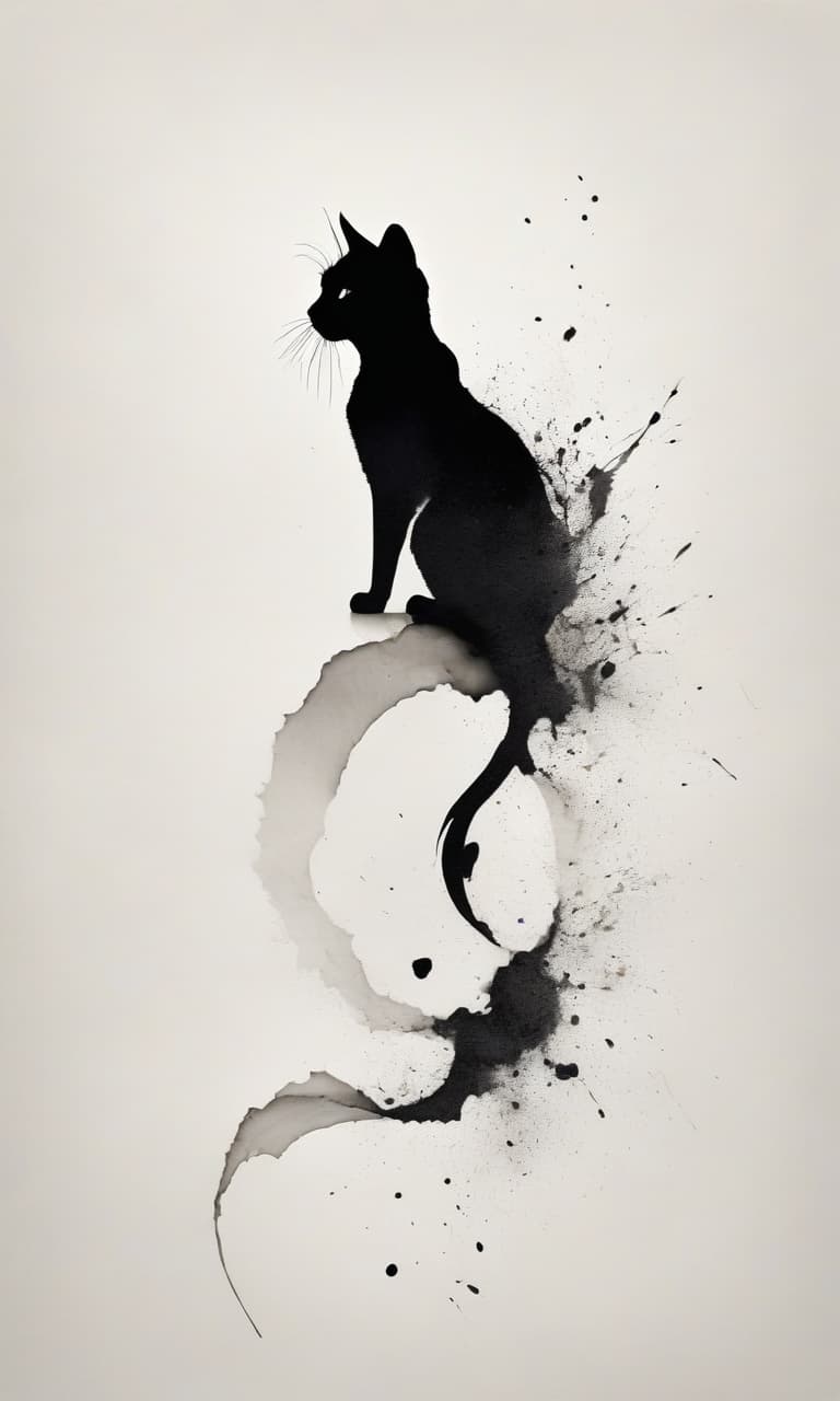  (masterpiece, inkblot drawing, dark surreal minimalism:1.3), mysterious 1 cat dissolving into the cracks of aged paper, inspired by Alberto Seveso's style, abstract and minimalist approach, intense black ink against a white background, dynamic flow captured within the dissolving form, intricate details merging with the cracked paper texture, surreal and thought provoking concept, hints of enigmatic elements, evoking a sense of wonder and mystery, deep shadows enhancing the dramatic effect, mesmerizing blend of simplicity and complexity, unique and captivating visual storytelling. hyperrealistic, full body, detailed clothing, highly detailed, cinematic lighting, stunningly beautiful, intricate, sharp focus, f/1. 8, 85mm, (centered image composition), (professionally color graded), ((bright soft diffused light)), volumetric fog, trending on instagram, trending on tumblr, HDR 4K, 8K