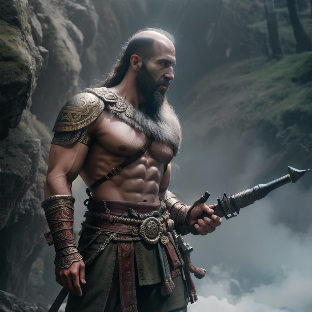  God of war hyperrealistic, full body, detailed clothing, highly detailed, cinematic lighting, stunningly beautiful, intricate, sharp focus, f/1. 8, 85mm, (centered image composition), (professionally color graded), ((bright soft diffused light)), volumetric fog, trending on instagram, trending on tumblr, HDR 4K, 8K