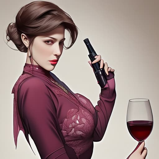  Lady with wine glass in one hand and gun in the other