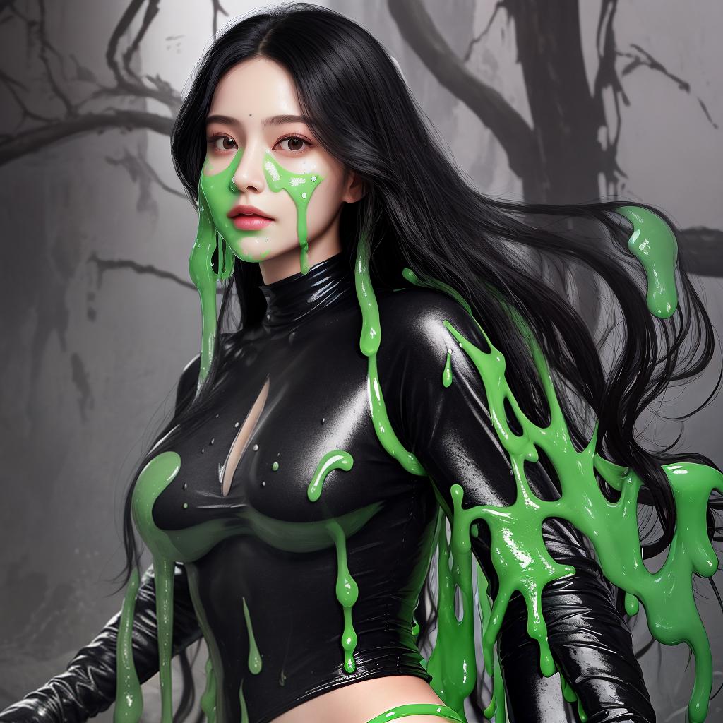  masterpiece, best quality, realistic beautiful with long black hair,covered is a skin tight layer of slime, full body picture, detailed, body parts not covered by slime(head, shoulders, face)