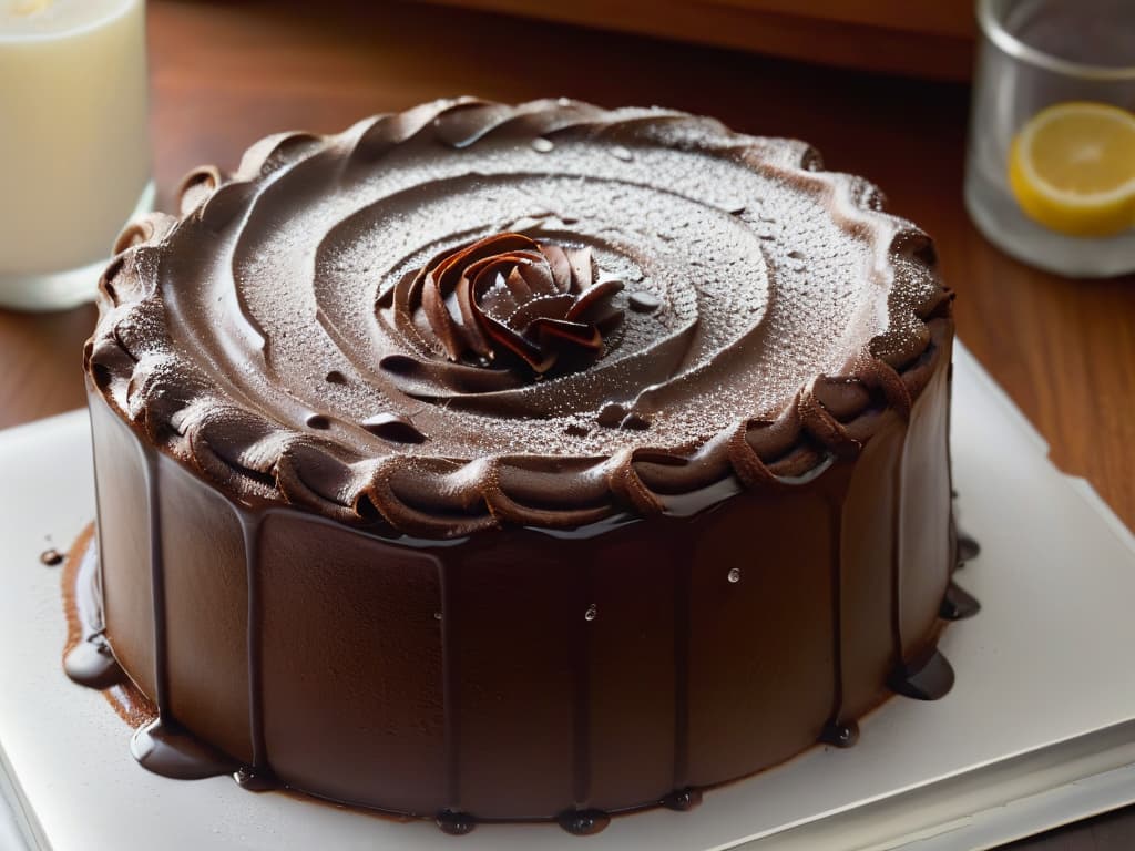  An ultradetailed closeup image of a freshly baked chocolate cake, still warm from the oven, with a glistening layer of sugar glaze on top. The glaze is perfectly smooth, reflecting the soft light in the kitchen, and tiny droplets of condensation can be seen forming on the surface, highlighting the crucial role of sugar in maintaining moisture. The rich brown color of the cake contrasts beautifully with the white glaze, creating a visually stunning and mouthwatering image that perfectly captures the essence of the article's topic. hyperrealistic, full body, detailed clothing, highly detailed, cinematic lighting, stunningly beautiful, intricate, sharp focus, f/1. 8, 85mm, (centered image composition), (professionally color graded), ((bright soft diffused light)), volumetric fog, trending on instagram, trending on tumblr, HDR 4K, 8K