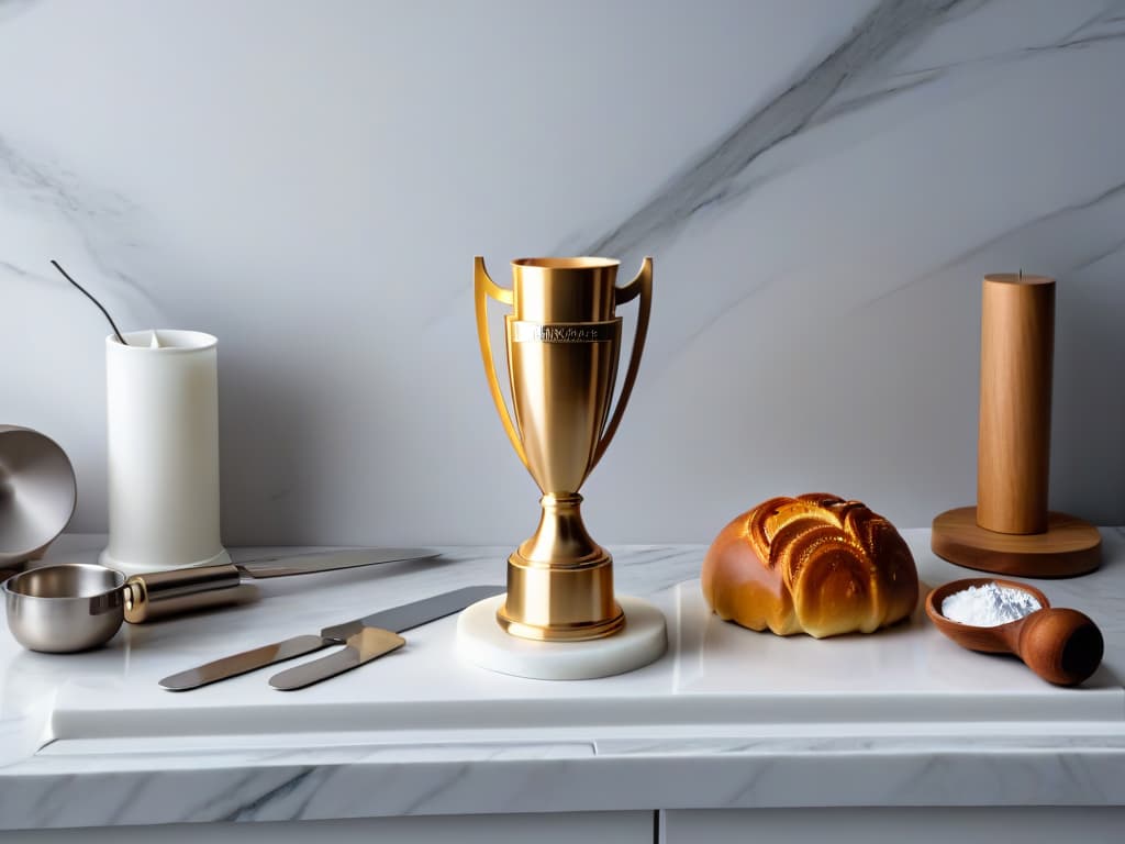  A minimalist and elegant image of a golden trophy surrounded by various baking tools such as rolling pins, measuring cups, and piping bags, all set on a sleek marble countertop. The trophy is gleaming under a soft spotlight, symbolizing the journey from beginner to winner in the world of baking competitions. The background is blurred to keep the focus on the trophy and baking tools, creating a visually appealing and aspirational image for the article on transitioning from a novice to a champion in the realm of baking contests. hyperrealistic, full body, detailed clothing, highly detailed, cinematic lighting, stunningly beautiful, intricate, sharp focus, f/1. 8, 85mm, (centered image composition), (professionally color graded), ((bright soft diffused light)), volumetric fog, trending on instagram, trending on tumblr, HDR 4K, 8K