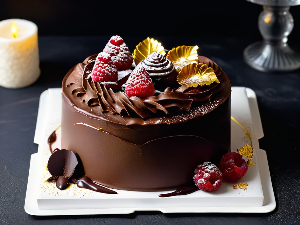  A closeup, ultradetailed image of a decadent chocolate cake topped with shimmering gold leaf, surrounded by delicate chocolate curls and fresh raspberries. The cake sits on a sleek, modernist white plate against a stark black backdrop, emphasizing its luxurious and indulgent nature. The gold leaf catches the light, creating a mesmerizing visual effect that symbolizes the opulence and innovation of 1920s pastrymaking during the era of Prohibition. hyperrealistic, full body, detailed clothing, highly detailed, cinematic lighting, stunningly beautiful, intricate, sharp focus, f/1. 8, 85mm, (centered image composition), (professionally color graded), ((bright soft diffused light)), volumetric fog, trending on instagram, trending on tumblr, HDR 4K, 8K