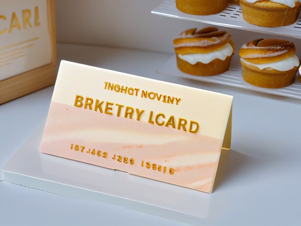  A closeup, highresolution image of an elegant, modern loyalty card for a bakery, featuring a sophisticated design with subtle pastel colors and embossed gold lettering. The card is displayed on a clean, marble countertop, with soft natural lighting casting gentle shadows, highlighting the intricate details of the card's texture and finish. The overall aesthetic is sleek, luxurious, and inviting, embodying the concept of innovative customer loyalty strategies in the bakery sector. hyperrealistic, full body, detailed clothing, highly detailed, cinematic lighting, stunningly beautiful, intricate, sharp focus, f/1. 8, 85mm, (centered image composition), (professionally color graded), ((bright soft diffused light)), volumetric fog, trending on instagram, trending on tumblr, HDR 4K, 8K