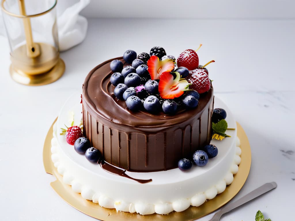  A closeup, photorealistic image of a decadent vegan chocolate cake being meticulously decorated with swirls of dairyfree chocolate ganache, vibrant fresh berries, and delicate edible flowers. The cake sits on a pristine white marble countertop, with elegant gold utensils and measuring cups scattered around, hinting at the meticulous and precise nature of vegan pastry certification. The lighting is soft yet highlights the glossy sheen of the ganache and the natural colors of the berries, creating an inviting and sophisticated atmosphere. hyperrealistic, full body, detailed clothing, highly detailed, cinematic lighting, stunningly beautiful, intricate, sharp focus, f/1. 8, 85mm, (centered image composition), (professionally color graded), ((bright soft diffused light)), volumetric fog, trending on instagram, trending on tumblr, HDR 4K, 8K