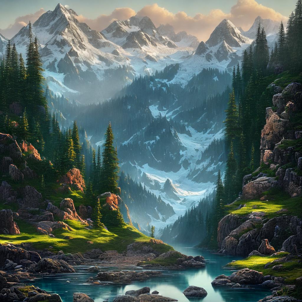  Immerse yourself in the beauty of nature with this breathtaking 8k high detailed mountain landscape ((masterpiece)). The artist has employed a realistic style to capture the essence of the scene, creating a visual treat for the eyes. The main subject of the artwork is the grand mountain range, with its jagged peaks reaching towards the sky. The artist has meticulously depicted the textures of the rocks, the play of light and shadow on the slopes, and the reflection of the mountains in a crystal-clear lake. The color palette consists of vibrant greens, blues, and earthy tones, adding to the overall realism of the artwork. Prepare to be captivated by the level of detail and realism in this artwork. hyperrealistic, full body, detailed clothing, highly detailed, cinematic lighting, stunningly beautiful, intricate, sharp focus, f/1. 8, 85mm, (centered image composition), (professionally color graded), ((bright soft diffused light)), volumetric fog, trending on instagram, trending on tumblr, HDR 4K, 8K