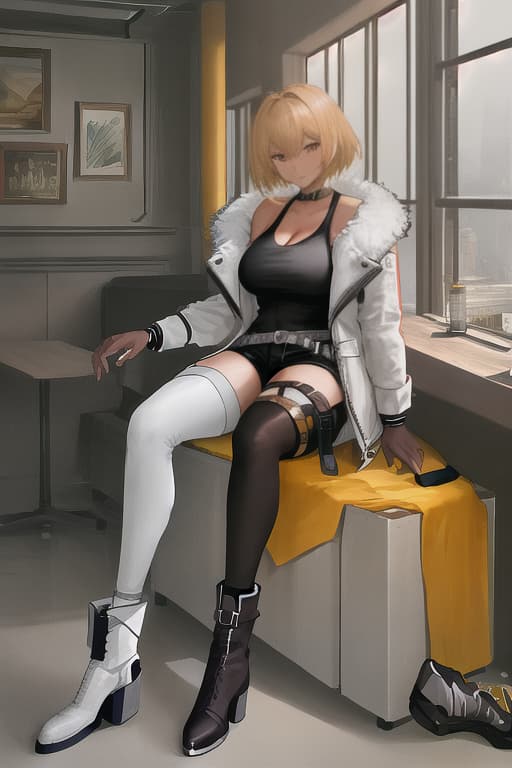  Hot pants, thigh tightening belt, fur with fur, tank top inner, booth, big breasts, short boots, brown skin, blonde short hair, one -legged nisso, sitting, plump face, hyperrealistic, full body, detailed clothing, highly detailed, cinematic lighting, stunningly beautiful, intricate, sharp focus, f/1. 8, 85mm, (centered image composition), (professionally color graded), ((bright soft diffused light)), volumetric fog, trending on instagram, trending on tumblr, HDR 4K, 8K