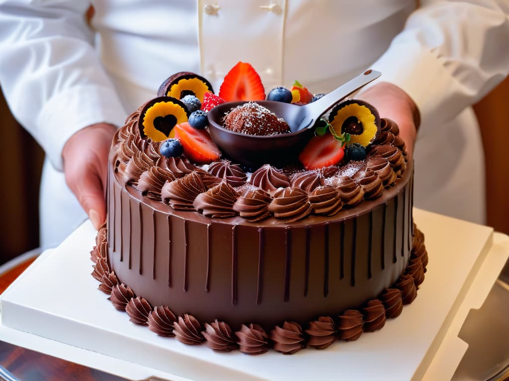  A closeup, ultradetailed image of a skilled pastry chef meticulously handpiping intricate chocolate decorations onto a decadent cake. The focus is on the chef's hands, showcasing the precision and artistry involved in manipulating chocolate for pastry creations. The rich, glossy texture of the chocolate contrasts beautifully against the pristine white backdrop, highlighting the craftsmanship and dedication required in the art of chocolate manipulation in pastry. hyperrealistic, full body, detailed clothing, highly detailed, cinematic lighting, stunningly beautiful, intricate, sharp focus, f/1. 8, 85mm, (centered image composition), (professionally color graded), ((bright soft diffused light)), volumetric fog, trending on instagram, trending on tumblr, HDR 4K, 8K