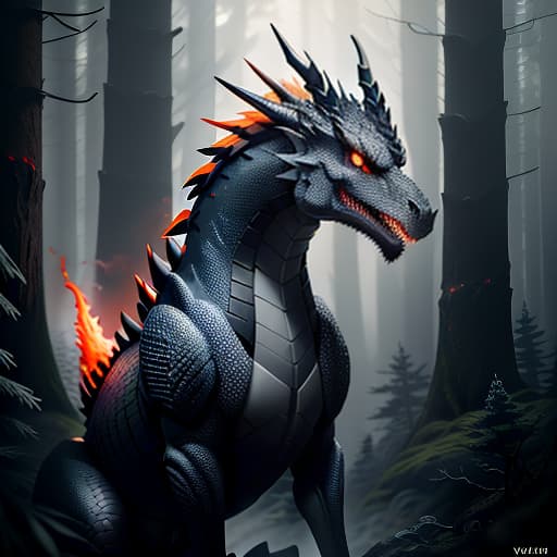  A dark grey dragon with fiery orange eyes in a pine forest. hyperrealistic, full body, detailed clothing, highly detailed, cinematic lighting, stunningly beautiful, intricate, sharp focus, f/1. 8, 85mm, (centered image composition), (professionally color graded), ((bright soft diffused light)), volumetric fog, trending on instagram, trending on tumblr, HDR 4K, 8K