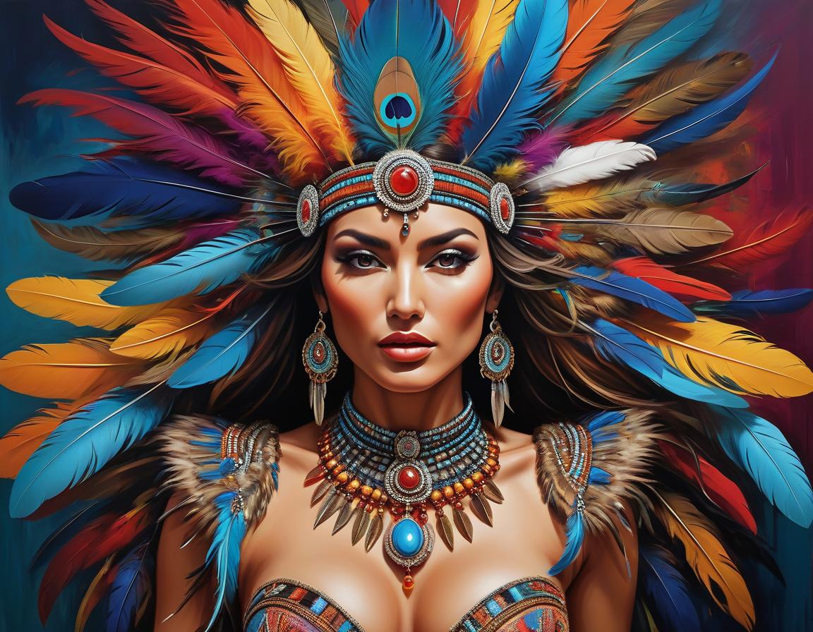  abstract expressionist painting An artistic, vibrant image of a woman adorned with elaborate jewelry and feathers, showcasing intricate designs and rich colors. . energetic brushwork, bold colors, abstract forms, expressive, emotional hyperrealistic, full body, detailed clothing, highly detailed, cinematic lighting, stunningly beautiful, intricate, sharp focus, f/1. 8, 85mm, (centered image composition), (professionally color graded), ((bright soft diffused light)), volumetric fog, trending on instagram, trending on tumblr, HDR 4K, 8K