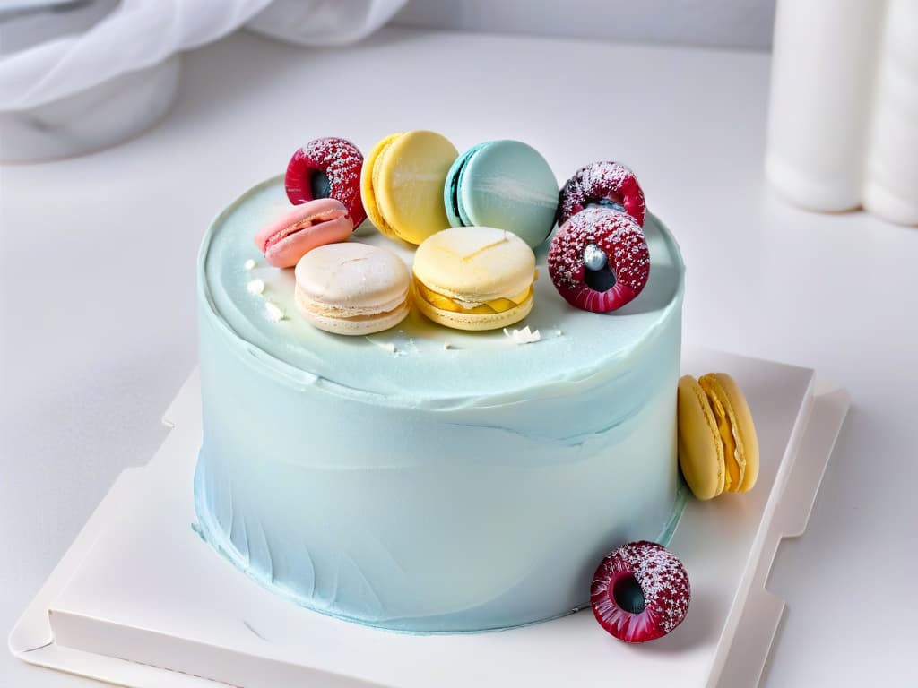  A minimalist and sleek image featuring a topdown view of a beautifully decorated cake surrounded by a variety of pastelcolored macarons arranged in a symmetrical pattern on a clean, white marble surface. The cake is elegantly frosted with intricate floral designs and topped with fresh berries, creating a visually appealing and sophisticated display that embodies the artistry and creativity of pastry collaboration with influencers. The pastel hues of the macarons complement the overall aesthetic, adding a touch of whimsy and charm to the composition. hyperrealistic, full body, detailed clothing, highly detailed, cinematic lighting, stunningly beautiful, intricate, sharp focus, f/1. 8, 85mm, (centered image composition), (professionally color graded), ((bright soft diffused light)), volumetric fog, trending on instagram, trending on tumblr, HDR 4K, 8K