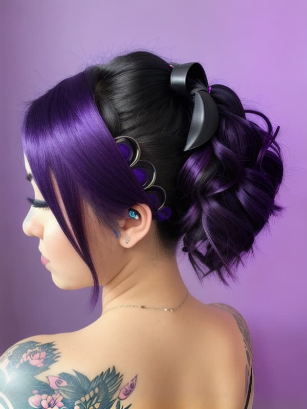  night time, full moon, black and purple hair, crescent Moon hairclip, goth, curvy