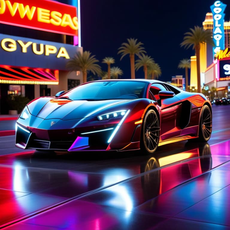  A (gleaming supercar:1.3), (neon-lit Strip:1.2) of Las Vegas, (vibrant nightlife:1.1), reflection of city lights on polished hood, (sleek aerodynamics:1.2), high-performance luxury, the essence of speed, (sin city's opulence:1.1), sharp contrast under (city lights:1.2), Canon EOS R5, 1/125s, f/2.8, ISO 100, high-octane elegance, pristine composition, RAW capture, professional photography,