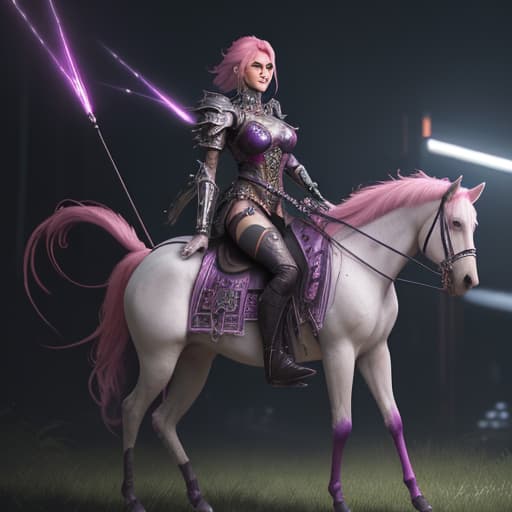  (extremely detailed CG unity 8k wallpaper), full shot body photo of the most beautiful artwork in the world, a ,pink hair,wearing a costume, cyberpunk art, ,cybernetic demon, Many Small_purple_glowing_source_engine on cloth(1.5), intricate asin armor, cyberpunk angry gorgeous druid, 3d,cg,Lens_Flare, trending on ArtStation, trending on CGSociety, Intricate, High Detail, Sharp focus, dramatic, photorealistic painting art by midjourney and greg rutkowski, by Cedric Seaut (Keos Masons),style by ivan talavera and artgerm,by lee griggs and jason chan, rendered in lumion,2030smdjrny-pprct nice riding on the horse in the middle of green forest hyperrealistic, full body, detailed clothing, highly detailed, cinematic lighting, stunningly beautiful, intricate, sharp focus, f/1. 8, 85mm, (centered image composition), (professionally color graded), ((bright soft diffused light)), volumetric fog, trending on instagram, trending on tumblr, HDR 4K, 8K