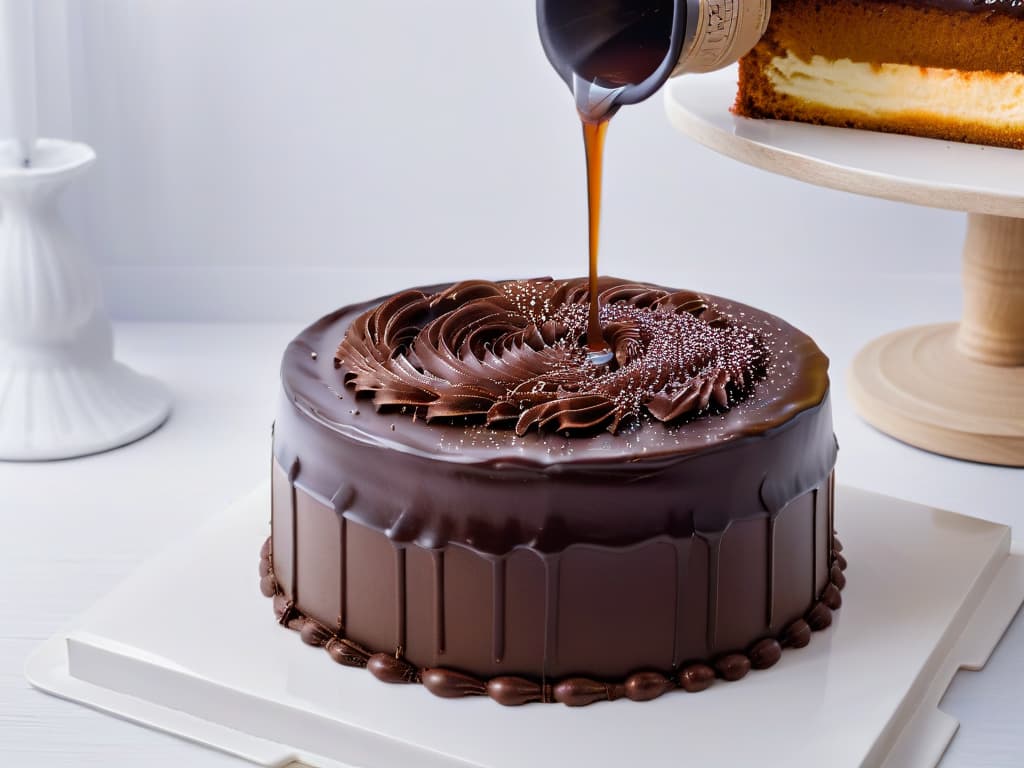  A closeup, ultradetailed image of a glossy, decadent chocolate ganache being meticulously poured over a perfectly smooth and shiny chocolate cake, with tiny droplets of the ganache suspended in midair and the cake's surface reflecting the surroundings like a mirror. The dark, rich hues of the chocolate contrast beautifully with the pristine white backdrop, creating a visually striking and aesthetically pleasing composition that embodies the luxurious and indulgent nature of chocolate in pastry making. hyperrealistic, full body, detailed clothing, highly detailed, cinematic lighting, stunningly beautiful, intricate, sharp focus, f/1. 8, 85mm, (centered image composition), (professionally color graded), ((bright soft diffused light)), volumetric fog, trending on instagram, trending on tumblr, HDR 4K, 8K