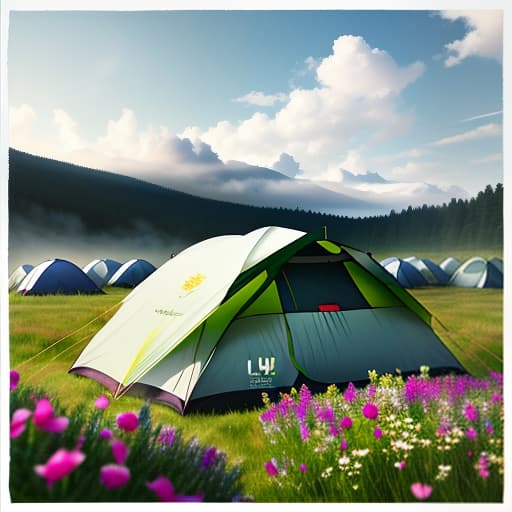  Postcard, tents in the field, clouds and flowers, river, style: watercolor, (Watercolor painting) soft colors ,fluid strokes ,transparent layers hyperrealistic, full body, detailed clothing, highly detailed, cinematic lighting, stunningly beautiful, intricate, sharp focus, f/1. 8, 85mm, (centered image composition), (professionally color graded), ((bright soft diffused light)), volumetric fog, trending on instagram, trending on tumblr, HDR 4K, 8K