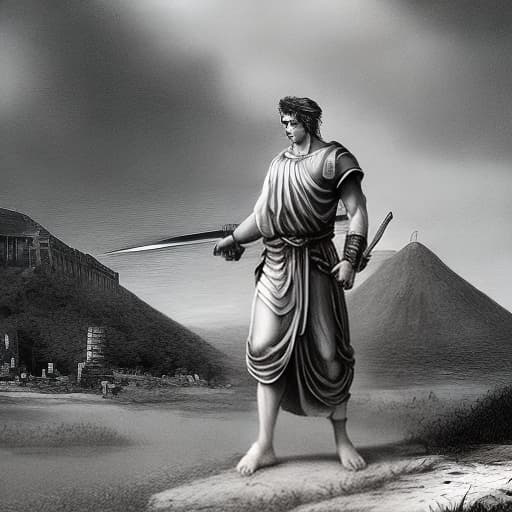 mdjrny-v4 style Teseo, a young Greek hero with a strong physique, wearing a traditional white tunic, embarks on his journey. The sun sets in the background, casting a warm golden glow on the ancient city of Athens. He clutches a gleaming sword, his eyes filled with determination as he leaves for Crete.--ar9:16