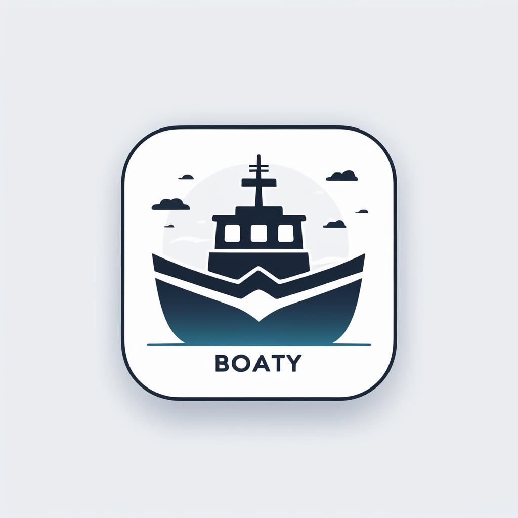  Logo, rounded edges square mobile app logo design, flat vector, minimalistic, icon of boat, text “BOATY” underneath