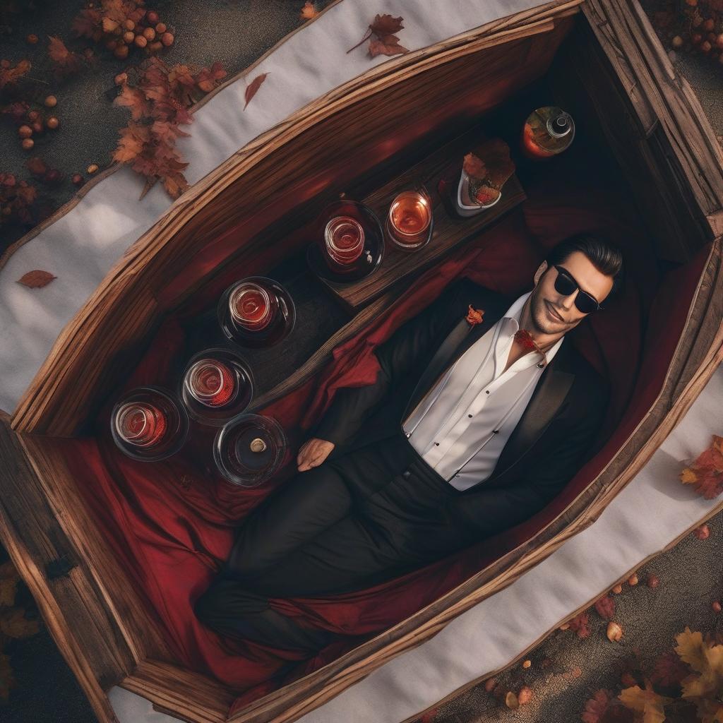  smiling vampire in a cloak lies in a coffin with a glass of wine, top view stile 60x hyperrealistic, full body, detailed clothing, highly detailed, cinematic lighting, stunningly beautiful, intricate, sharp focus, f/1. 8, 85mm, (centered image composition), (professionally color graded), ((bright soft diffused light)), volumetric fog, trending on instagram, trending on tumblr, HDR 4K, 8K