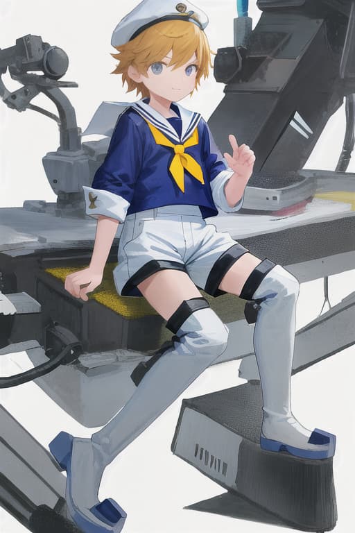  White background, long boots, facing the front, boy, sailor suit, shorts, cool