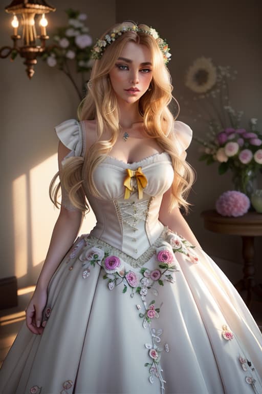  detailed and realistic portrait of a rapunzel maid with a few freckles, long blonde disheveled hairs, multicolor mesmerizing eyes, dark fluffy dress, soft natural lighting, portrait photography, magical photography, dramatic lighting, photo realism, ultra detailed, intimate portrait composition, flowers in background, Leica 50mm, f1. 4 hyperrealistic, full body, detailed clothing, highly detailed, cinematic lighting, stunningly beautiful, intricate, sharp focus, f/1. 8, 85mm, (centered image composition), (professionally color graded), ((bright soft diffused light)), volumetric fog, trending on instagram, trending on tumblr, HDR 4K, 8K