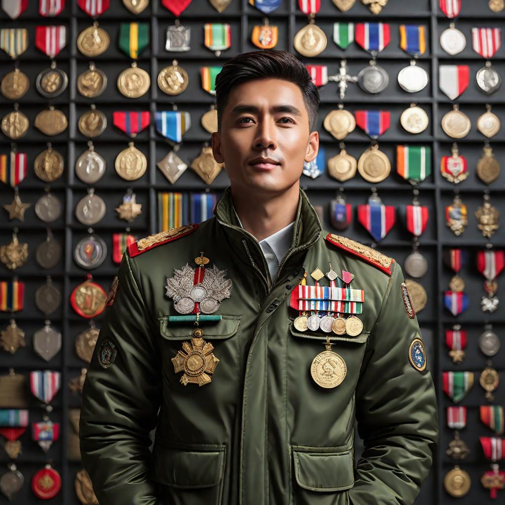  there is a man standing in a jacket, the whole jacket is hung with medals and awards, cute, hyper detail, full HD hyperrealistic, full body, detailed clothing, highly detailed, cinematic lighting, stunningly beautiful, intricate, sharp focus, f/1. 8, 85mm, (centered image composition), (professionally color graded), ((bright soft diffused light)), volumetric fog, trending on instagram, trending on tumblr, HDR 4K, 8K