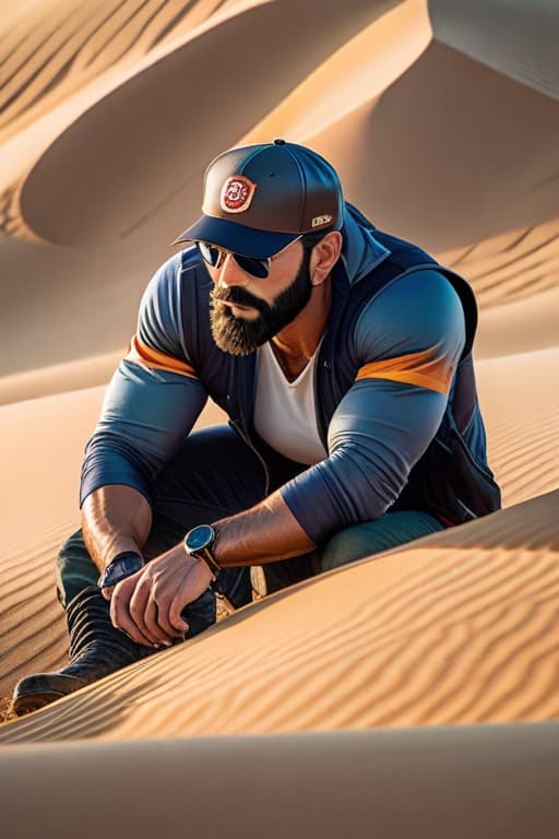  /imagine prompt: A muscular, hairy man with a rugged look, reclining in a relaxed pose on a sandy landscape. He has a beard, is wearing a baseball cap, and a wristwatch. The setting is outdoors with a clear sky and bright sunlight. v 5 ar 4:5 q 2 hyperrealistic, full body, detailed clothing, highly detailed, cinematic lighting, stunningly beautiful, intricate, sharp focus, f/1. 8, 85mm, (centered image composition), (professionally color graded), ((bright soft diffused light)), volumetric fog, trending on instagram, trending on tumblr, HDR 4K, 8K