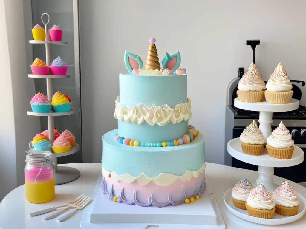  An ultradetailed, 8k resolution image of a sleek, modern kitchen filled with pastelcolored unicornthemed kitchenware and baking tools. The countertops are adorned with unicornshaped cookie cutters, rainbowhued mixing bowls, and glittery spatulas. A display shelf showcases unicornshaped cake molds and colorful sprinkles in glass jars. The overall aesthetic is minimalist, with clean lines and a soft color palette that exudes a sense of whimsy and magic. hyperrealistic, full body, detailed clothing, highly detailed, cinematic lighting, stunningly beautiful, intricate, sharp focus, f/1. 8, 85mm, (centered image composition), (professionally color graded), ((bright soft diffused light)), volumetric fog, trending on instagram, trending on tumblr, HDR 4K, 8K