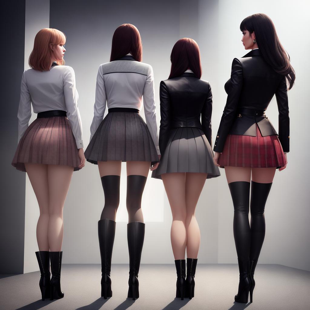  (A realistic) composition showcasing three girls seen from the back and three girls seen from the front, all dressed in very short skirts, outfits, and high boots. The artwork should be of the highest quality and ultra-detailed, with a resolution of 8k. hyperrealistic, full body, detailed clothing, highly detailed, cinematic lighting, stunningly beautiful, intricate, sharp focus, f/1. 8, 85mm, (centered image composition), (professionally color graded), ((bright soft diffused light)), volumetric fog, trending on instagram, trending on tumblr, HDR 4K, 8K