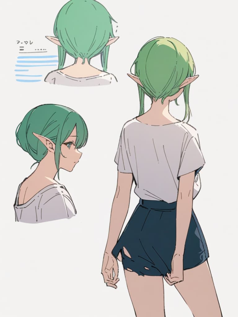  ((Masterpiece)), ((highest quality))), (Character design sheet, the same character, elf, front, horizontal, back), Illustration, one girl, green hair super long, bangs, hairstyle fax, eyes, Environmental change scene, hairstyle fax, tattered dirty clothes, women, shirts, Charthan Betarola, (simple background, white background: 1.3), masterpiece, best quality,8k,ultra detailed,high resolution,an extremely delicate and beautiful,hyper detail