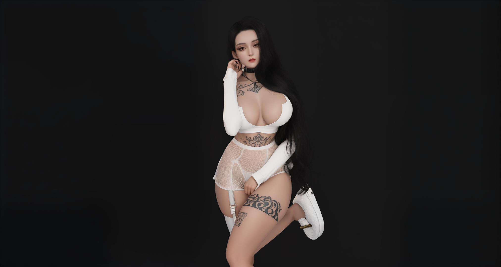  masterpiece, best quality, A woman with long, black hair and tattoos in a white top, shorts, and stockings. She holds a leash holder in her hand. The background is pure black.