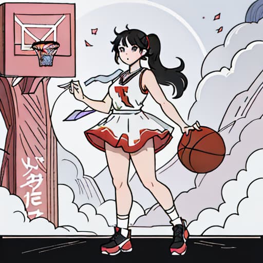  anime girl black hair bright dark brown eyes red and white basketball uniform with the number 18 and the name Nicky white and black shoes Have your hair in a medium high ponytail with two strands on the sides of your ears, have a basketball and look full body Pastel Palette, Da Vinci's Dreams, Picasso's , Sunrise Splendors, Floral Fantasy, Mystical Moonscapes, Urban Nature, Crystal Clear, Cinematic hyperrealistic, full body, detailed clothing, highly detailed, cinematic lighting, stunningly beautiful, intricate, sharp focus, f/1. 8, 85mm, (centered image composition), (professionally color graded), ((bright soft diffused light)), volumetric fog, trending on instagram, trending on tumblr, HDR 4K, 8K