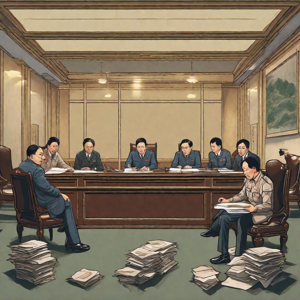  Government officials sit around a table in a dimly lit room, their worried expressions betraying their escalating anxiety about the protests. Inside is a somber government office stacked with documents and documents symbolizing the bureaucratic nature of the Beiyang government. The atmosphere is tense and uncertain as officials grapple with growing popular discontent. The style is a realistic painting, which captures the details of the officials 'costumes and the gloomy atmosphere in the room. The lighting is dramatic, and a light source casts deep shadows, emphasizing the seriousness of the situation. Realization: The painting is done on canvas, allowing for rich textures and subtle nuances in the depiction of the characters and background