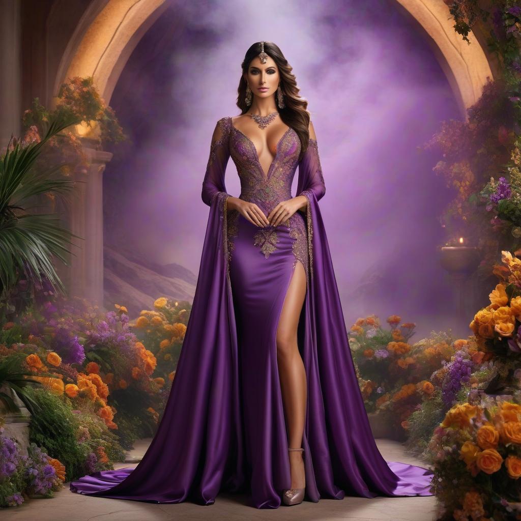  Melian. Purple silk linen. Topaz, diamonds, quartzite, amber, topaz, emerald. hyperrealistic, full body, detailed clothing, highly detailed, cinematic lighting, stunningly beautiful, intricate, sharp focus, f/1. 8, 85mm, (centered image composition), (professionally color graded), ((bright soft diffused light)), volumetric fog, trending on instagram, trending on tumblr, HDR 4K, 8K