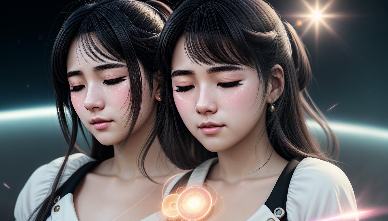  Retro anime aesthetics, retro futuristic A serene face with closed eyes, a tear rolling down the cheek, an aura of soft light around the face, background of abstract swirls suggesting warmth, compassion, genuine feeling, 4k, HDR, lens flare