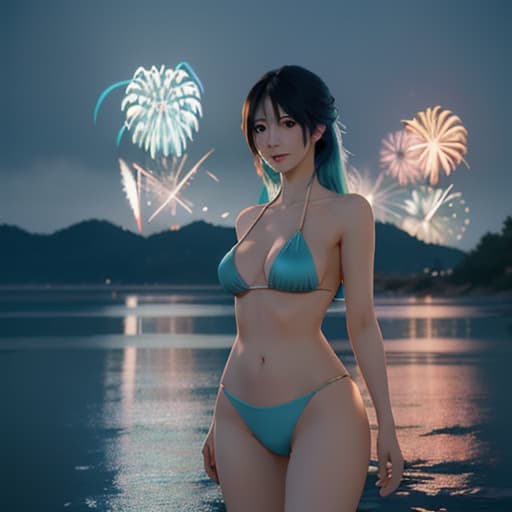  anime waifu 18 age womans , in a color bikini , clean soft lighting, backlit beautiful face, full body picture clearly visible , perfect shining skin , wave rainbow hair, blue eyes , smiling, background fireworks display at night , color digital painting, trending on artstation, concept art, hyperrealism, cinematic lighting, unreal engine 64K UHD HDR , Studio Ghibli, Anime Key Visual, by Makoto Shinkai , Nagasawa Rosetsu , Professional photo  hyperrealistic, full body, detailed clothing, highly detailed, cinematic lighting, stunningly beautiful, intricate, sharp focus, f/1. 8, 85mm, (centered image composition), (professionally color graded), ((bright soft diffused light)), volumetric fog, trending on instagram, trending on tumblr, HDR 4K, 8K