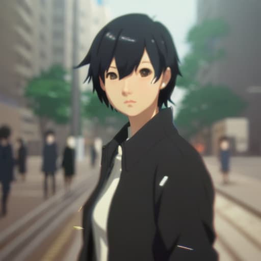  Makoto Shinkai style. semi - realistic anime style. asian. black hair. blurry. blurry background. blurry foreground. depth of field. lips. looking at viewer. realistic. solo. fashion. cinematic. 3D