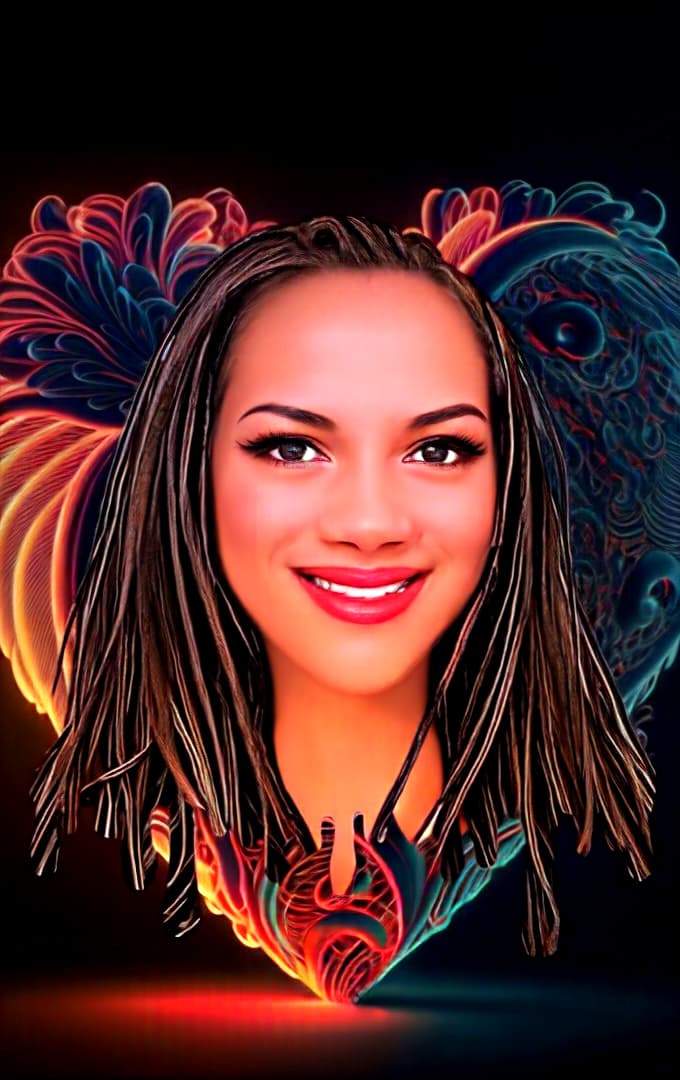  Black woman portrait head and neck with swirling patterns background, musical waves vibrant musical swirls in the backgrpund , Highly defined, highly detailed, sharp focus, (centered image composition), 4K, 8K