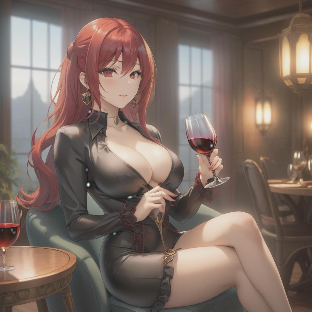  A beautiful in anime style, , sitting on a chair facing us, showing her entire body, drinking wine from a gl, with red hair. hyperrealistic, full body, detailed clothing, highly detailed, cinematic lighting, stunningly beautiful, intricate, sharp focus, f/1. 8, 85mm, (centered image composition), (professionally color graded), ((bright soft diffused light)), volumetric fog, trending on instagram, trending on tumblr, HDR 4K, 8K