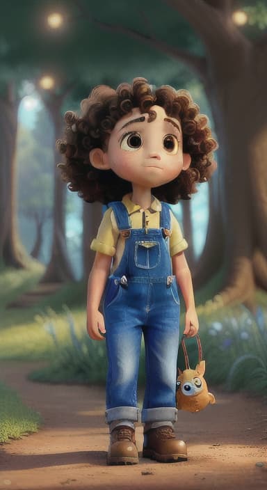  {The tree shining brightly and releasing a gentle, magical light., Riley, a curious with big brown eyes and curly hair, wearing overalls and carrying a small backpack. Their friend, Skye, a bluebird with shiny feathers.