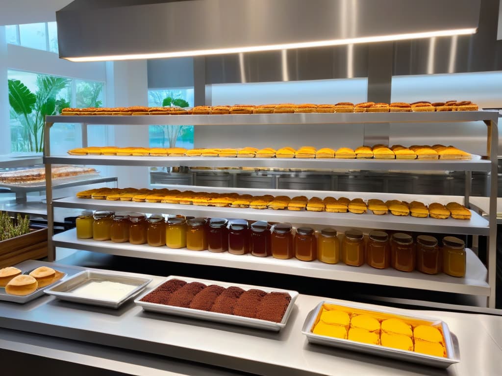  An ultradetailed image of a sleek, modern bakery kitchen with stainless steel countertops and shelves, filled with neatly organized glass jars of yacón syrup, fresh yacón tubers, and various baking ingredients like flour, sugar, and vanilla beans. The sunlight streaming through the large windows casts a warm, inviting glow over the scene, highlighting the natural colors and textures of the ingredients. A professional baker in a crisp white apron and chef's hat is elegantly arranging yacóninfused pastries on a marble serving platter, with a backdrop of minimalist, clean lines and subtle plant accents. hyperrealistic, full body, detailed clothing, highly detailed, cinematic lighting, stunningly beautiful, intricate, sharp focus, f/1. 8, 85mm, (centered image composition), (professionally color graded), ((bright soft diffused light)), volumetric fog, trending on instagram, trending on tumblr, HDR 4K, 8K