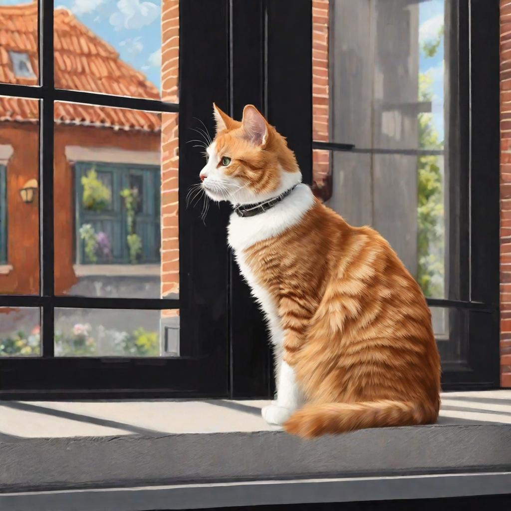  masterpiece, best quality,A cat sitting on a building, HD, orange cat, cute expression, realistic