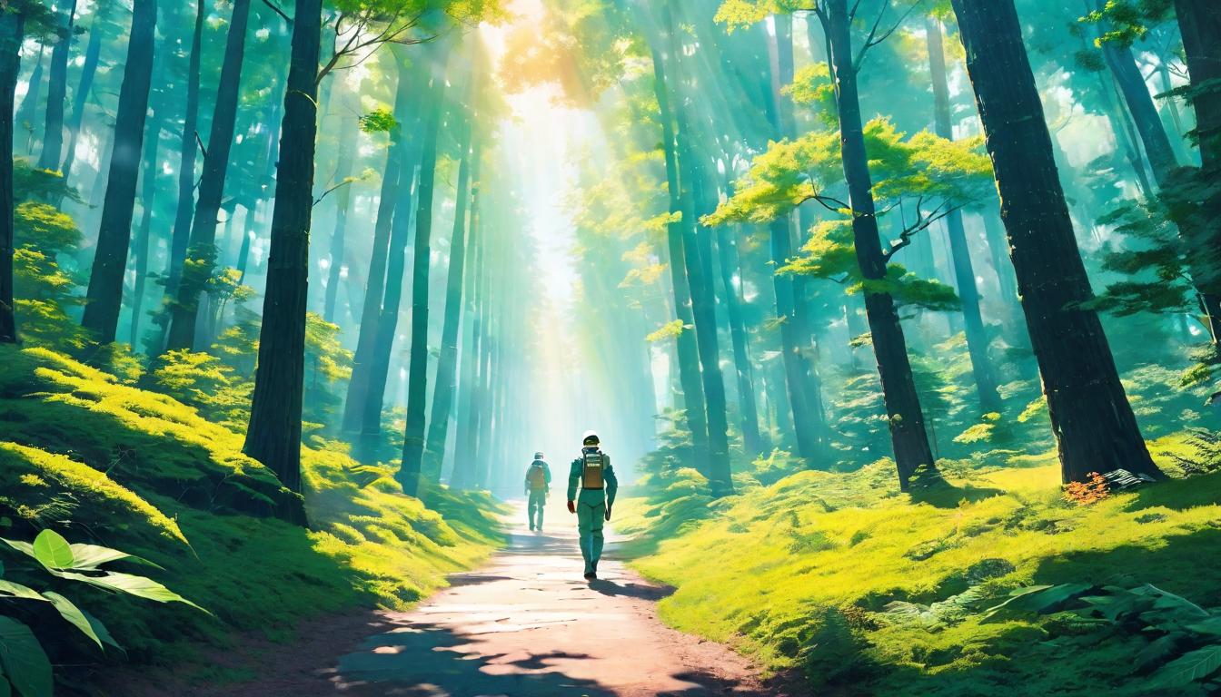  retro futuristic person walking through a sunlit forest trail, serene and sacred ambiance, dappled light filtering through trees, sense of purpose lvintage sci fi, 50s and 60s style, atomic age, vibrant, highly detailed