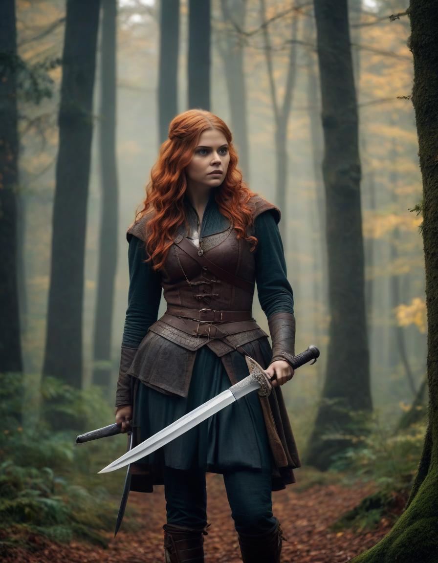  cinematic film still The era of medieval wars, a frame from a film, the most detailed image, cloudy and foggy autumn morning, rain, Chloe Grace Moretz with long light red hair, in a dark forest robber costume, holding a hunting knife in her right hand, with a combat dynamic expressive pose, prepared for battle, forest, maximum detail, especially carefully drawn faces, the maximum correspondence of historical medieval clothes, small details, the most correct anatomy, . shallow depth of field, vignette, highly detailed, high budget, bokeh, cinemascope, moody, epic, gorgeous, film grain, grainy hyperrealistic, full body, detailed clothing, highly detailed, cinematic lighting, stunningly beautiful, intricate, sharp focus, f/1. 8, 85mm, (centered image composition), (professionally color graded), ((bright soft diffused light)), volumetric fog, trending on instagram, trending on tumblr, HDR 4K, 8K