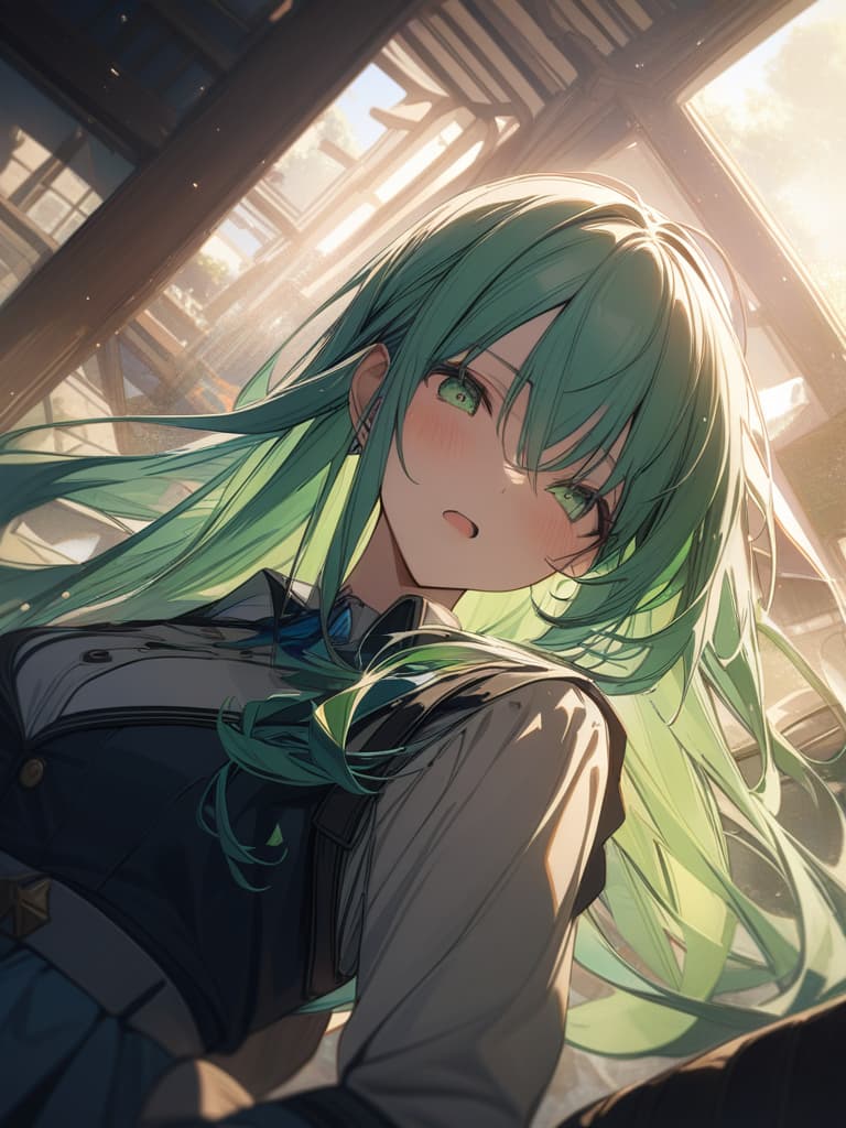  Green hair character that opens your mouth wide and roars, masterpiece, best quality,8k,ultra detailed,high resolution,an extremely delicate and beautiful,hyper detail